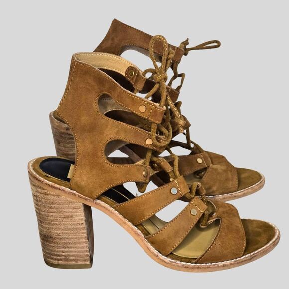 Dolce Vita Lyndon Sandals Women’s Size 6.5 Brown Suede Lace-Up Block Heel Boho - Picture 2 of 13
